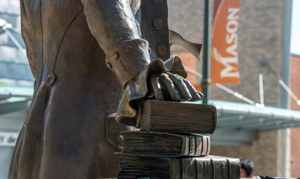 Detail of the Mason Statue on the North Plaza at the Fairfax Campus. 