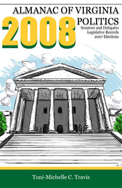 Cover for the 2008 Almanac of Virginia Politics, with a drawing of a pillared government building